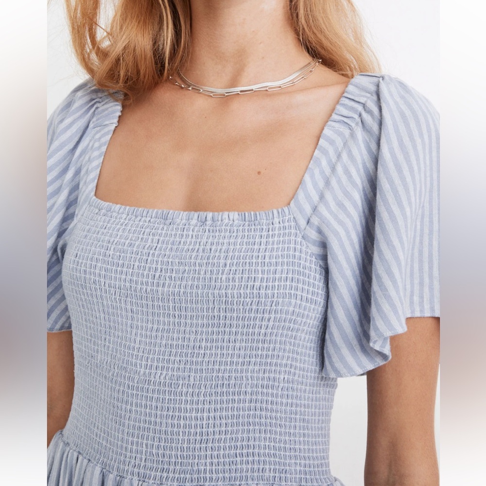Madewell Lucie Smocked Square-Neck Midi Dress in Light Blue Stripe size M - Picture 4 of 6